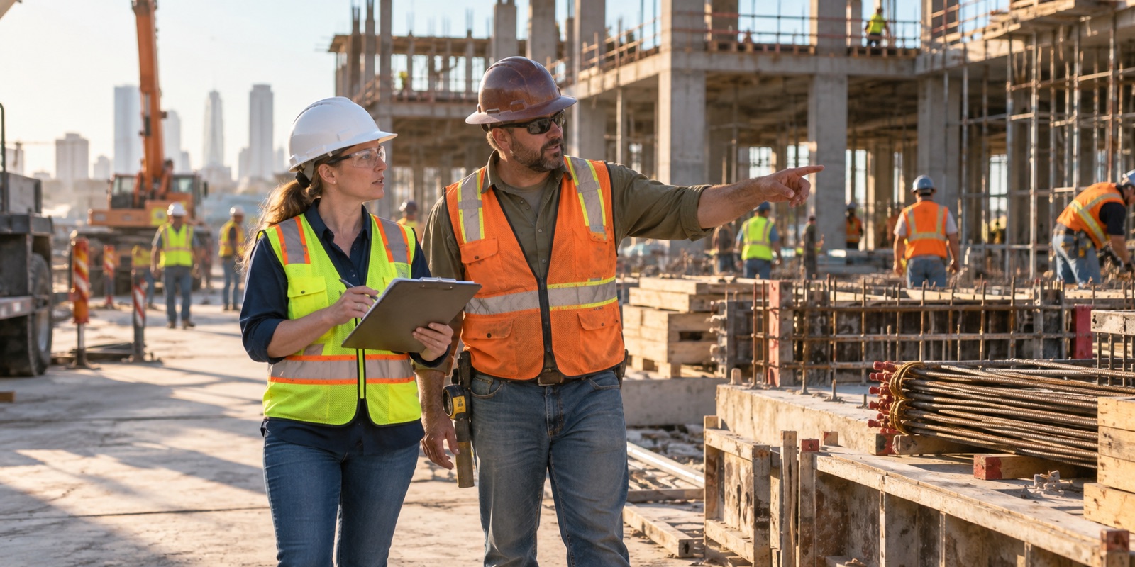 A safety consultant and site superintendent reviewing a construction work area together